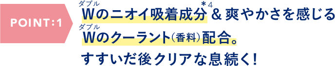 POINT:1 Wのニオイ吸着成分&爽やかさを感じるWのクーラント(香料)配合。クリアな息続く!
