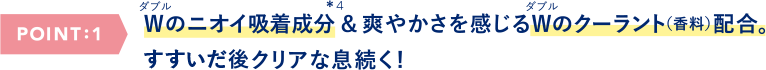POINT:1 Wのニオイ吸着成分&爽やかさを感じるWのクーラント(香料)配合。クリアな息続く!