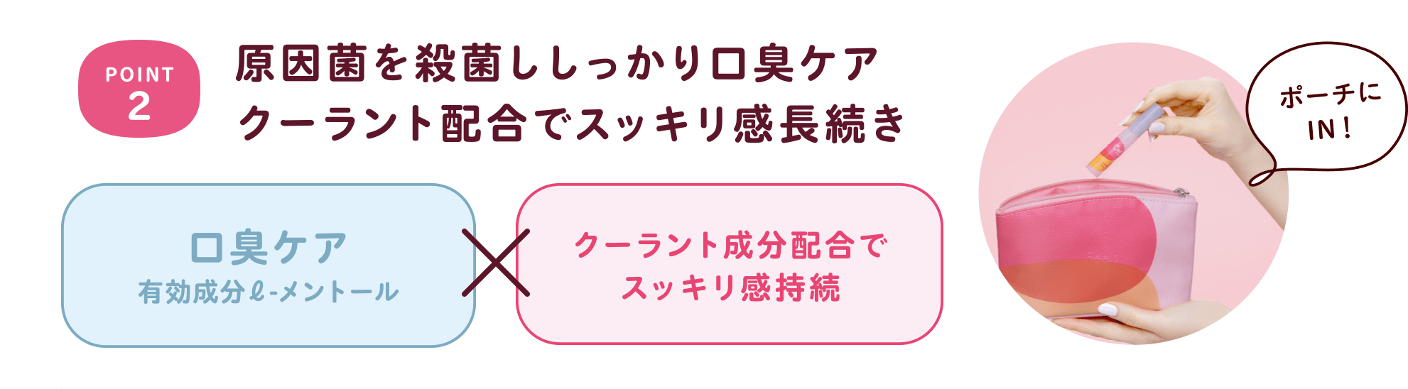 POINT2 原因菌を殺菌ししっかり口臭ケア クーラント配合でスッキリ感長続き 口臭ケア（有効成分e-メントール）× クーラント成分配合でスッキリ感持続 ポーチにIN!
